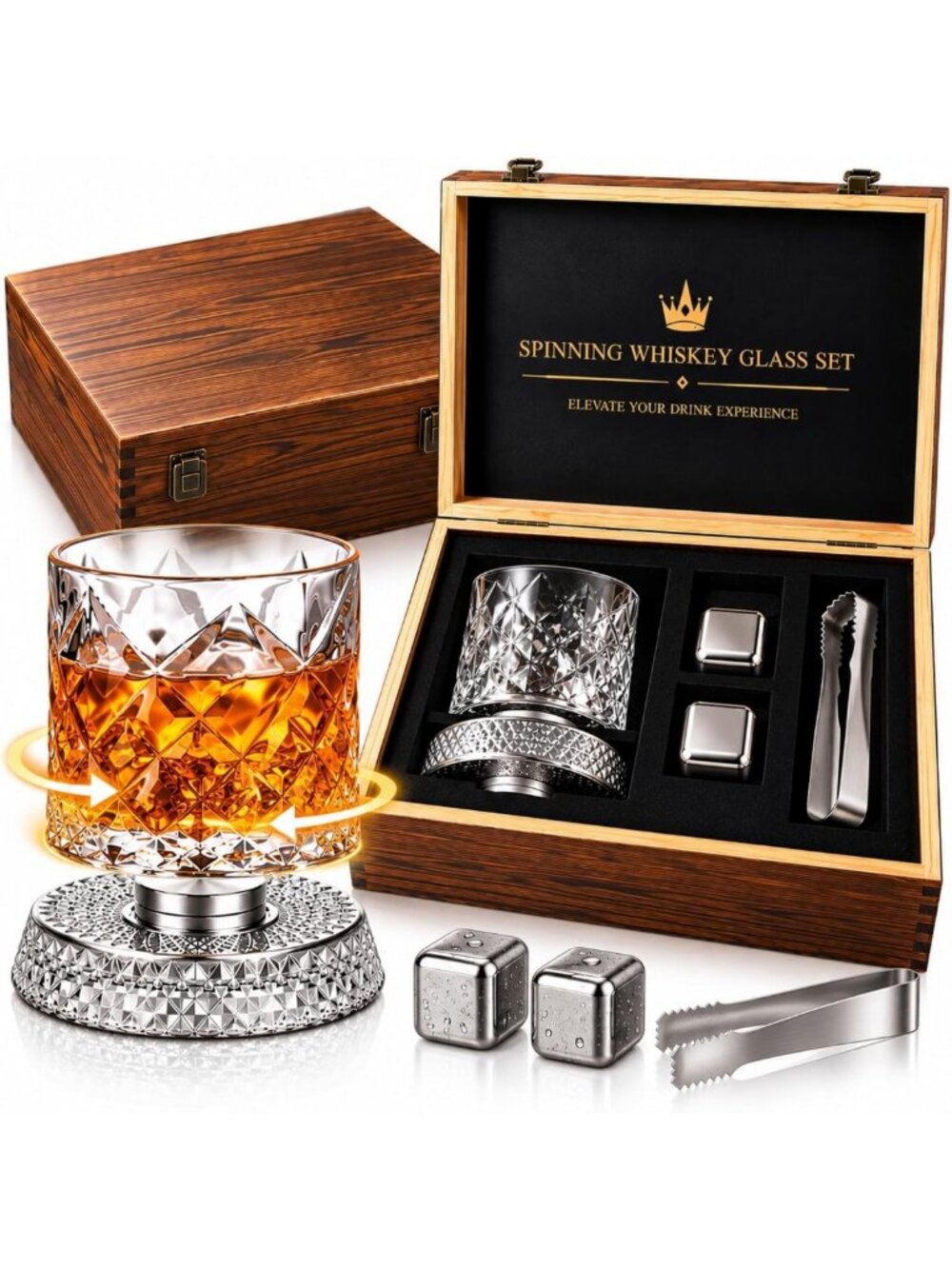 Unique 360° Rotating Whiskey Glass with Premium Wooden Gift Box - Perfect Gift